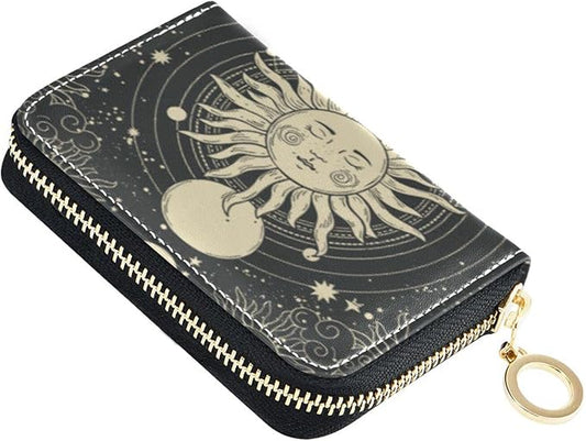 Boho Tarot Moon RFID Credit Card Holder Wallets Accordion for Women Leather Zipper Card Case Accordion Wallet for Ladies Girls
