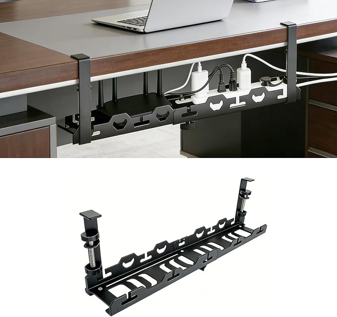 No Drill Under Desk Cable Management Tray System-Extendable15 to 30 "Heavy-Duty Metal Desk Cable Organizer with Clamp Cord Management Holder for Standing Desk & Home Office Black