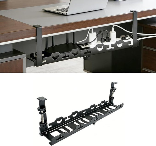 No Drill Under Desk Cable Management Tray System-Extendable15 to 30 "Heavy-Duty Metal Desk Cable Organizer with Clamp Cord Management Holder for Standing Desk & Home Office Black