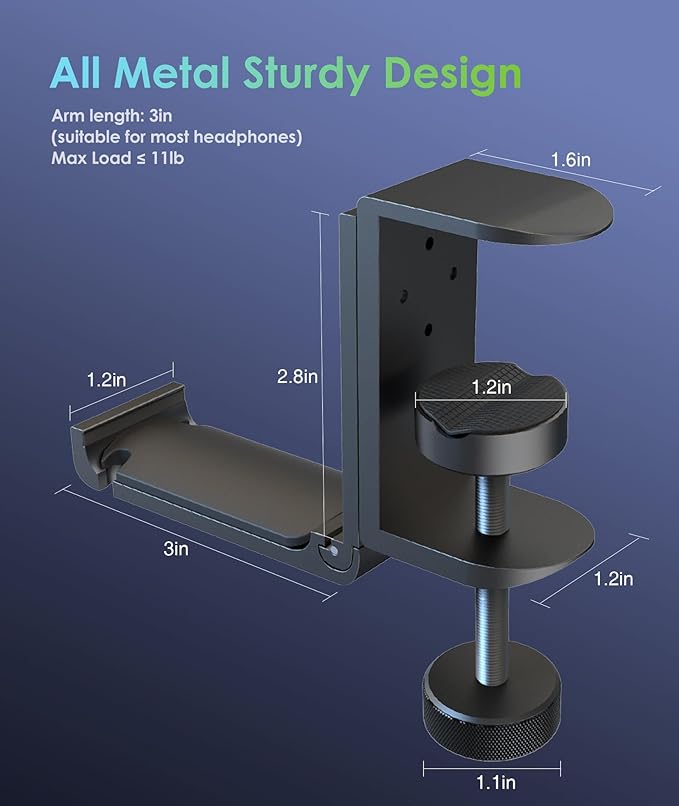 6amLifestyle Foldable All Aluminum Headphone Hook Holder for Desk, Under Desk Headphone Hanger Stand with Cable Organizer, Headset Holder Clamp for PC Gaming Headsets, Bag Hooks, Desk Accessories