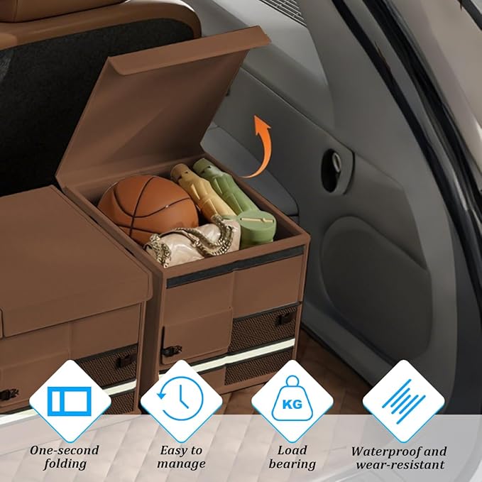 Car Trunk Organizer, Collapsible Multi Compartment Waterproof Sturdy Vehicle Trunk Container Box, Sturdy Automotive Interior Storage Organization, Universal for SUV Caravan Truck (Coffee)
