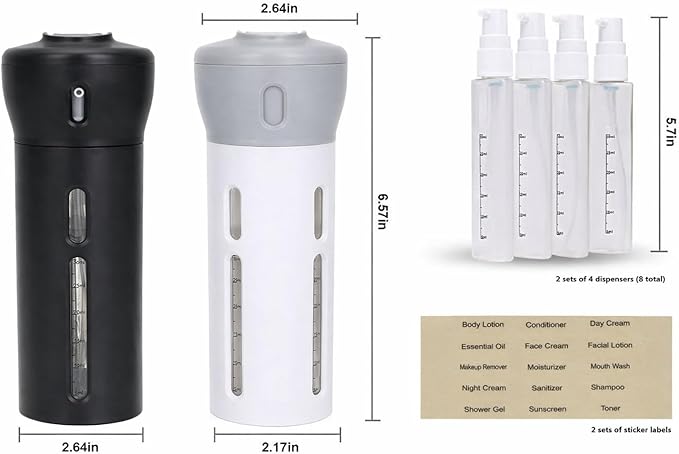 Travigo 4-in-1 Travel Dispenser Bottle Set, TSA Approved, Leak Proof, Reusable 1.4 oz. (40 mL) Toiletry Containers for Shampoo, Conditioner, Soap, Lotion, Skincare (2 Pack, Black & Gray)