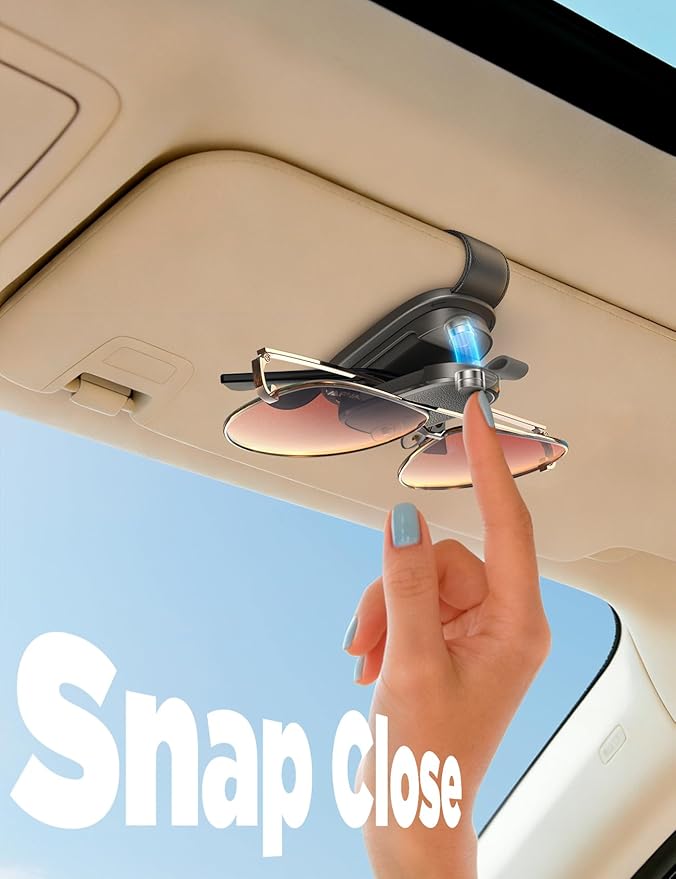 Sunglass Holder for Car, Chfeila 360° Rotating & One-Hand Operation Magnetic Glasses Clip, Leather Sun Eyeglass Visor Orgazizer, Scratch-Free Eyewear Hanger for Car Accessories Gadgets - Charcoal Gray