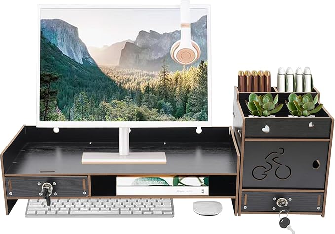 Desktop Monitor Stand with Drawer, Adjustable Laptop Riser Monitor Riser, Computer Monitor Booster Stand for Home Office