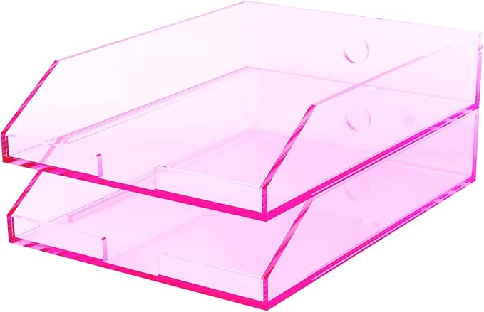 (2pcs Pack) Stackable Pink Acrylic Paper Trays, Desk File Organizer, A4 Paper Holder, Letter Tray