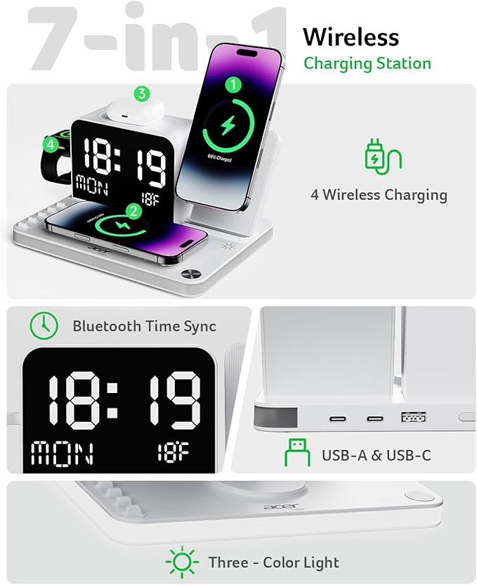 Acer 7-in-1 Wireless Charging Station with LED Clock - 30W Fast Wireless Charger for iPhone 16/15/14/13/12/Pro Max, Apple Watch, AirPods - Bluetooth Auto Time Sync & Night Lights (White)