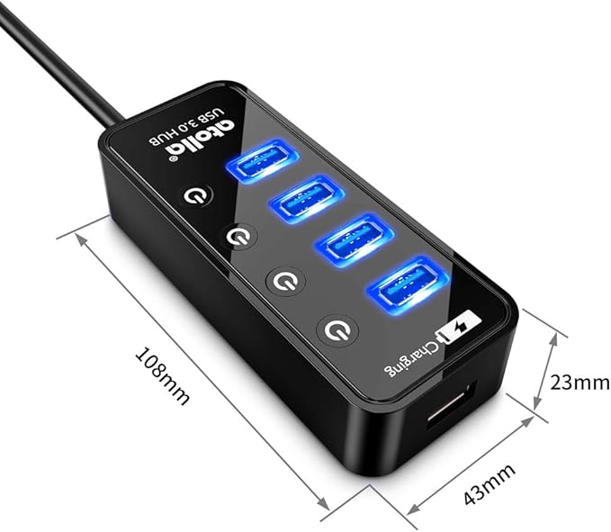 Atolla 4-Port USB 3.0 Hub with 4 Data Ports, 1 Smart Charging Port, Individual On/Off Switches and 5V/3A Adapter