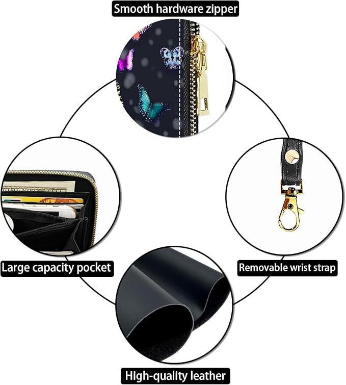 Women's Large Capacity Wallet PU Leather Zip Around Clutch Purse Multifunctional Wallet with Removable Wristlet Strap for Smart Phone/Coin/Card/Cash, Colorful Butterfly