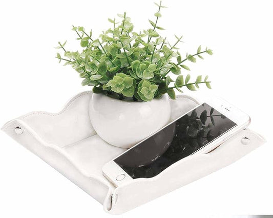 Valet Tray for Men Women - PU Leather Travel Catchall Tray Organizer - Desk Bedside Nightstand Storage Box for Jewelry Key Phone Remote Controller Wallet Watch Glasses Coin Readers -White