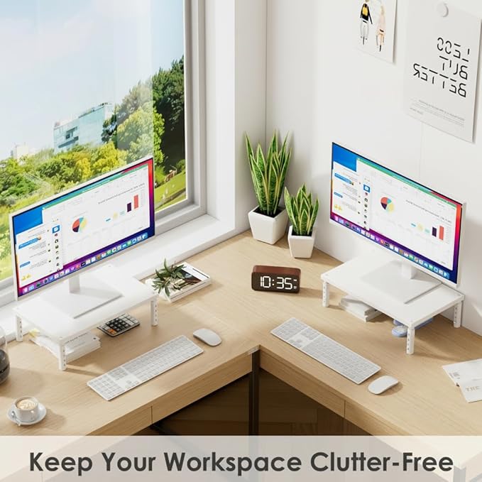 OPNICE Monitor Stand Riser for Desk, Adjustable Computer & Laptop Stand, Desk Organizer for Monitor, Laptop, PC, Printer, Office Desk Accessories for Home & Office, White Wood
