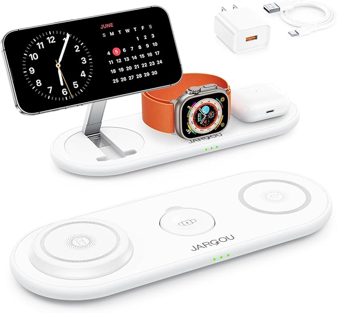 JARGOU Foldable 3 in 1 Wireless Charging Station for Apple with Magsafe Charger Stand, Fast Magnetic Wireless Charger for iPhone 17 Air 16 15 14 13 12, for iWatch, for AirPods (White)
