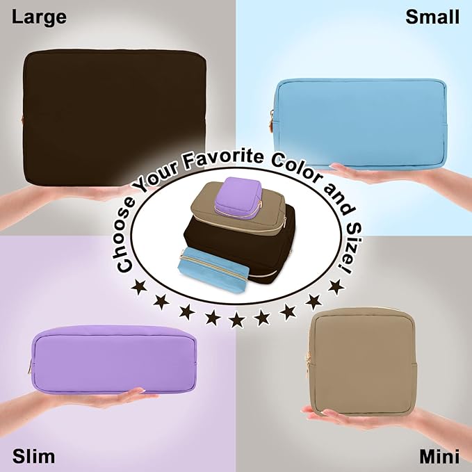 izuzta Nylon Small Makeup Bag Slim Pouch, Preppy Cute Makeup Brush Case Bag Cosmetic Zipper Pouch for Purse, Waterproof Travel Toiletry Bag Clutch Coin Pouch Make Up Organizer for Women(Brown)