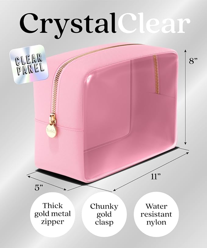 Embla Clear Large Makeup Bag Cute Big Make Up Nylon Pouches Travel Bathroom Bags for Toiletries XL Cosmetic Pouch for Women Girls Extra Large Zipper Toiletry Skincare Organizer Light Pink