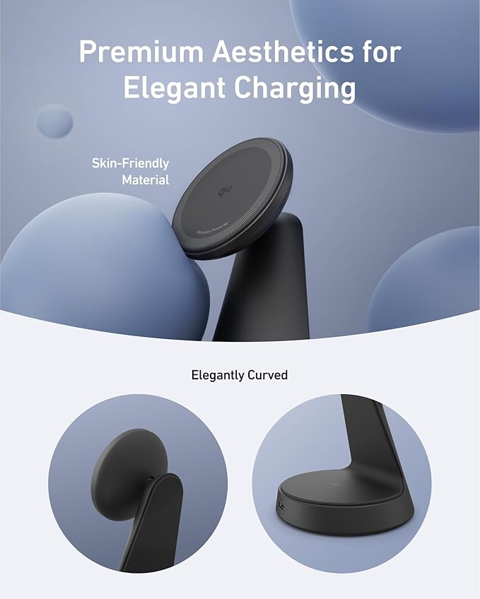 Anker MagSafe Compatible 2-in-1 Charging Stand, iPhone 16 Wireless Charger, Qi2 Certified 15W Ultra-Fast,Adjustable and Super Strong,for iPhone 16/15/14/13/12 Series,AirPods (Black, No Adapter)