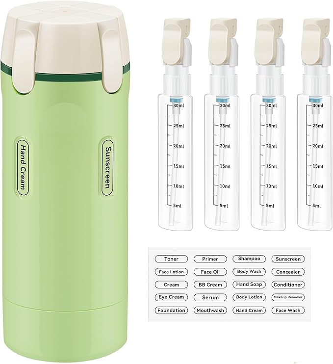 4 in 1 Travel Dispenser Bottle, 30ML/Pack Squeeze Bottles, Portable Refillable Containers for Toiletries/Shampoo/Conditioner/Shower Gel (Green)