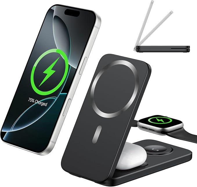 Compatible MagSafe 3 in 1 Wireless Charging Station for Apple, Magnetic Foldable Charger Stand for iPhone 17/16/15/14/13/12 Pro Max, Apple Watch Ultra/Series & AirPods Pro Fast Charging Dock