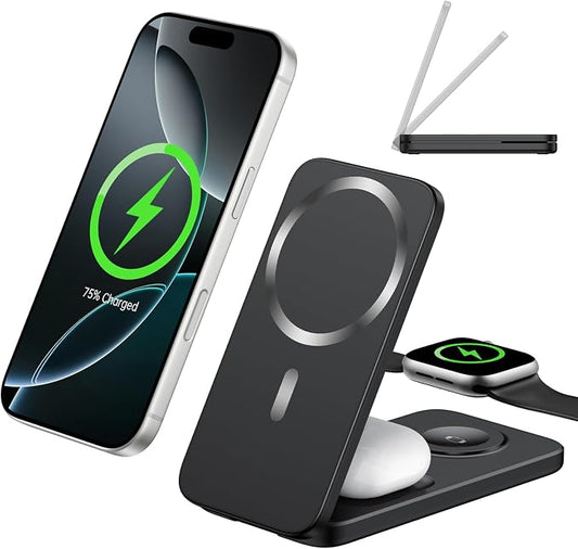 Compatible MagSafe 3 in 1 Wireless Charging Station for Apple, Magnetic Foldable Charger Stand for iPhone 17/16/15/14/13/12 Pro Max, Apple Watch Ultra/Series & AirPods Pro Fast Charging Dock
