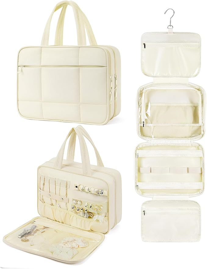 Telena Travel Toiletry Bag with Jewelry Organizer for Women, Puffy Hanging Makeup Bag Lightweight Cosmetic Bag Organizer for Travel Essentials