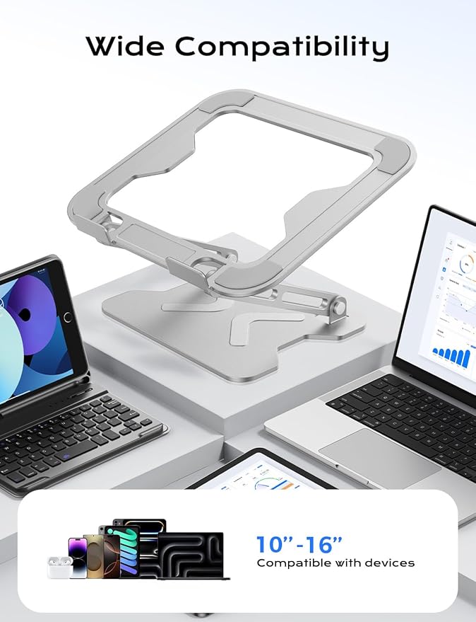 Adjustable Laptop Stand for Desk, Portable Laptop Riser Holder Foldable, Metal Ergonomic Computer Notebook Stand Holder for MacBook Air Pro, Dell, HP 10-16'' White