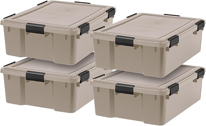IRIS USA 4-Pack Gasket Box, 41 Quart Weather-Resistant Storage Bins with Latching Lids,Heavy-Duty Organizing Containers for Closet, Bathroom, and Office -