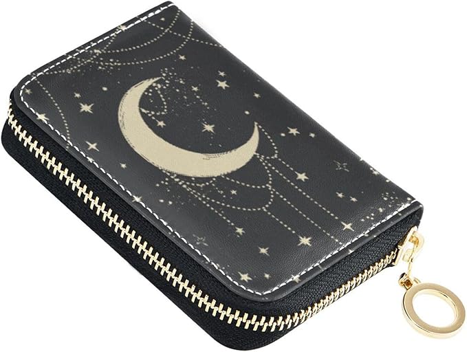 Boho Moon RFID Credit Card Holder Wallets Accordion for Women Leather Zipper Card Case Accordion Wallet for Ladies Girls