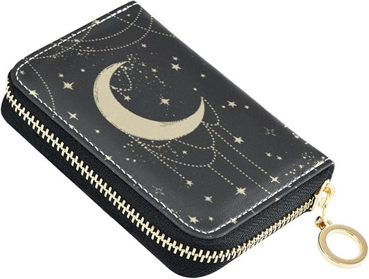 Boho Moon RFID Credit Card Holder Wallets Accordion for Women Leather Zipper Card Case Accordion Wallet for Ladies Girls