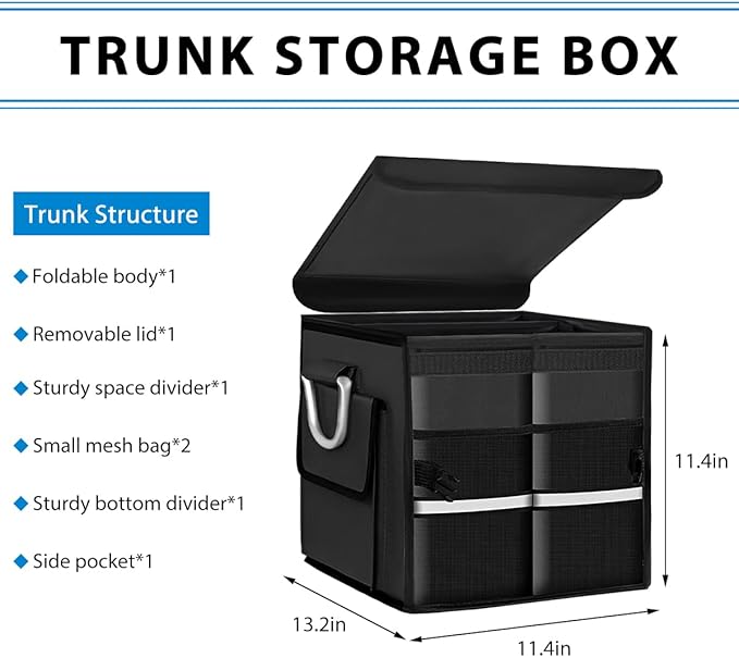 Car Trunk Organizer With Lid, 28L Collapsible Waterproof Oxford Fabric Trunk Organizer with Aluminum Handle, Portable 2-Compartment Cargo Storage Box for SUV, Truck, Sedan (Black)