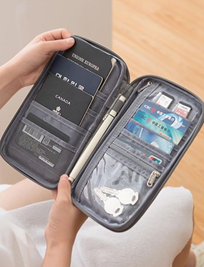 Family Passport Holder for 3 to 4, Passport Wallet with Zipper, Strap, Card Slots, Travel Document Organizer Nylon Men Women Boarding Pass Pouch Bag ID Credit Card Case Cover (Black, Small)