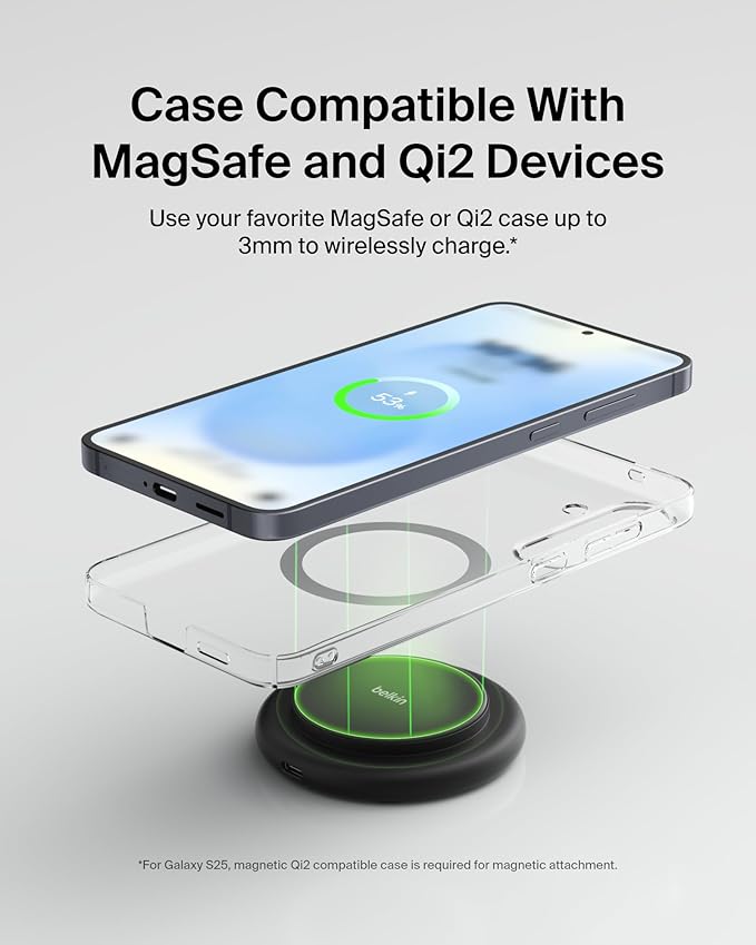 Belkin Magnetic Wireless Charging Pad 15W - MagSafe-Compatible Qi2-Certified Wireless Charger for iPhone 16 Series, Samsung Galaxy S25, AirPods, & More w/Non-Slip Base, Power Supply Included - Black