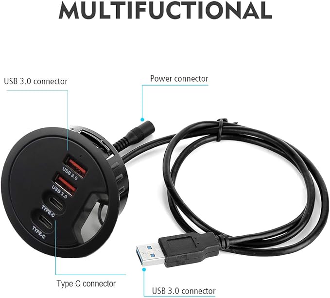 Grommet Desk-Fit USB 3.0 Hub (Diameter 2.36" or 60MM) 2 Port Type A&2 Port Type C,Compatible Charging and Data Transmission,
