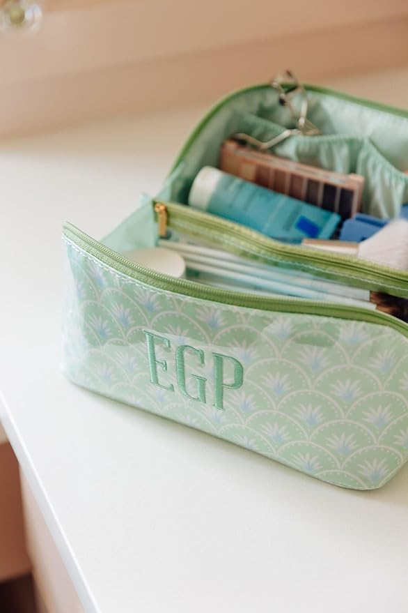 Personalized Flat Lay Makeup Bag - Clear-Coated Embroidered Cosmetic Organizer, Monogrammed Wide-Open Travel Pouch with Easy-Access Interior, Handmade Gift for Women (Peony)