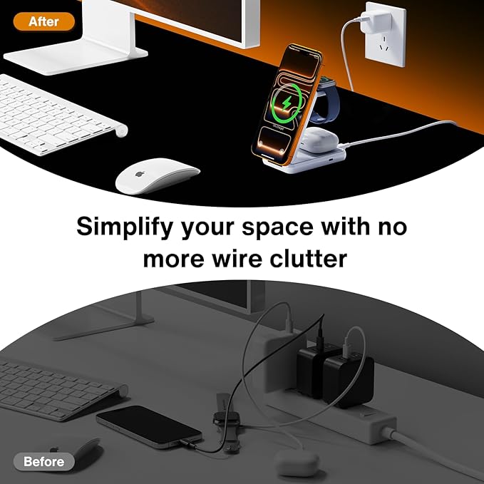 iVANKY Wireless Charging Station for iPhone 17, 3 in 1 Foldable Charger for MagSafe Magnetic Stand for iPhone 17/16/15/14/13/12/X Pro/Max/Plus/Air, Apple Watch, Airpods, Ivory (With 33W Power Adapter)
