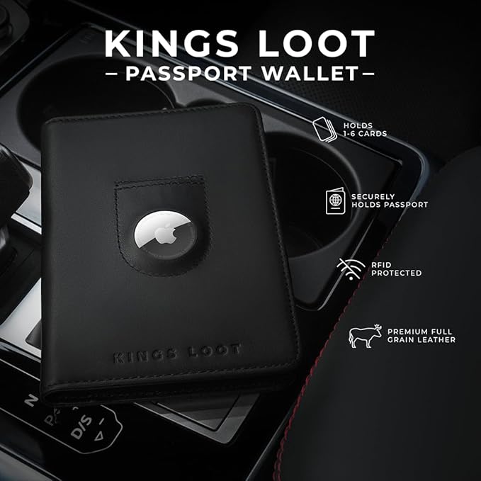 Kings Loot Passport Holder Wallet – RFID Blocking Leather Travel Wallet with Built-in Airtag Holder – Holds 1-6 Cards & Passport – Easy Pull Tab – Slim & Stylish Wallets (Midnight Black)