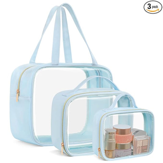 PACKISM Clear Makeup Bag Combo Pack, 1 TSA Approved Medium & Large/XL for Checked Luggage, Clear Toiletry Bag with Handle, Water-resistant Travel Essentials Organizer, Ice Blue