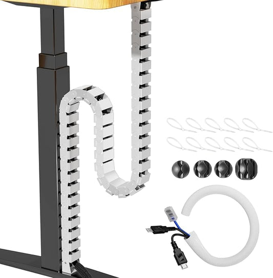 Cinati 52 Inch Vertebrae Cable Management, White Under Desk Vertebrae Cable Management Kit, Adjustable Length Wire Sleeve for Standing Desk, Cord Organizer for Office - 2 Way Mounting (Tape or Screw)