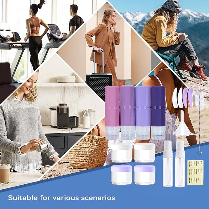 18 packs of toiletries travel bottles, TSA Approval silicone travel containers, leak proof refillable shampoo and conditioner are essential for travel, fitness, business trips, office use(purple)