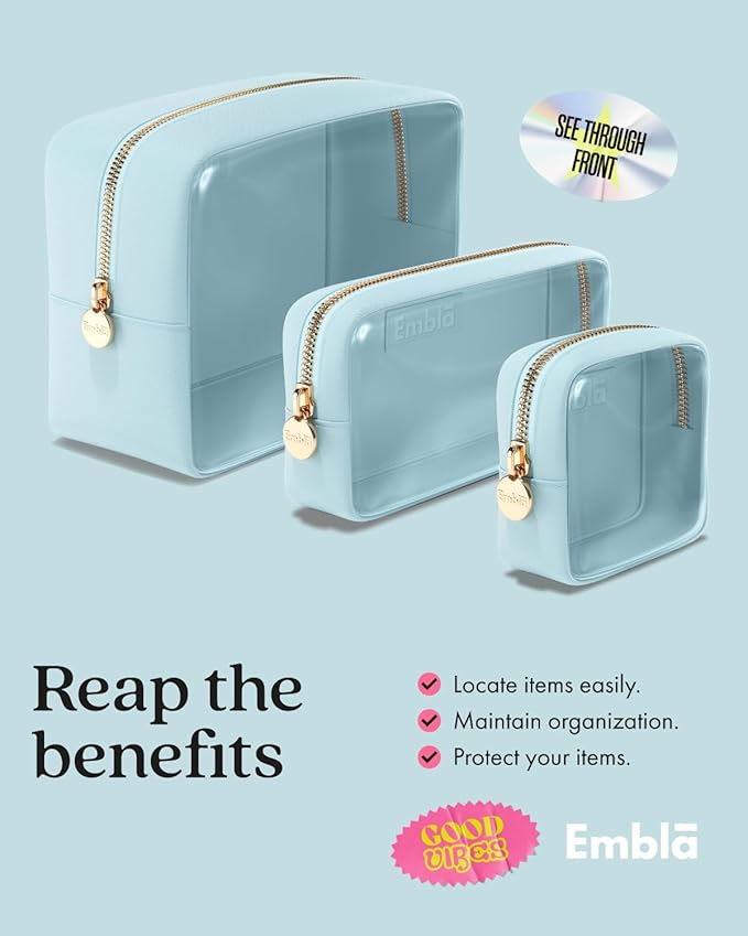 Embla 3 Piece Clear Makeup Bag Set for Toiletries Large Medium Small Skincare Organizer Zipper Pouches Travel Toiletry Bathroom Bags Women Girls Cute Make Up Cosmetic Nylon Pouch Blue