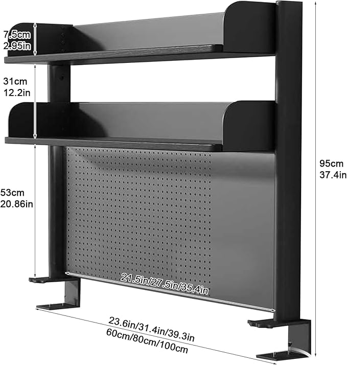 Clamp on Desk Shelf with Pegboard, Black Desktop Bookshelf Organizer Storage Shelves for Home Office Dorm Gaming Desk, Space Saving Tabletop Display Rack Organization (Black, 39.3in)