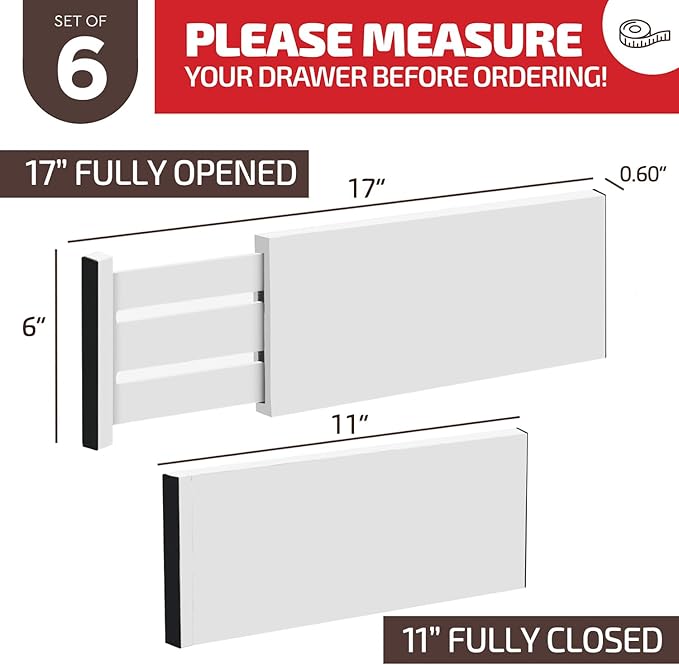 6-Pack Drawer Dividers 6 Inch High, 11??17" Adjustable Bamboo Organizers Large Expandable Drawer Separators for Cloths, Dresser, Bedroom, Bathroom, Baby Drawer, Office & Kitchen Utensils (White)