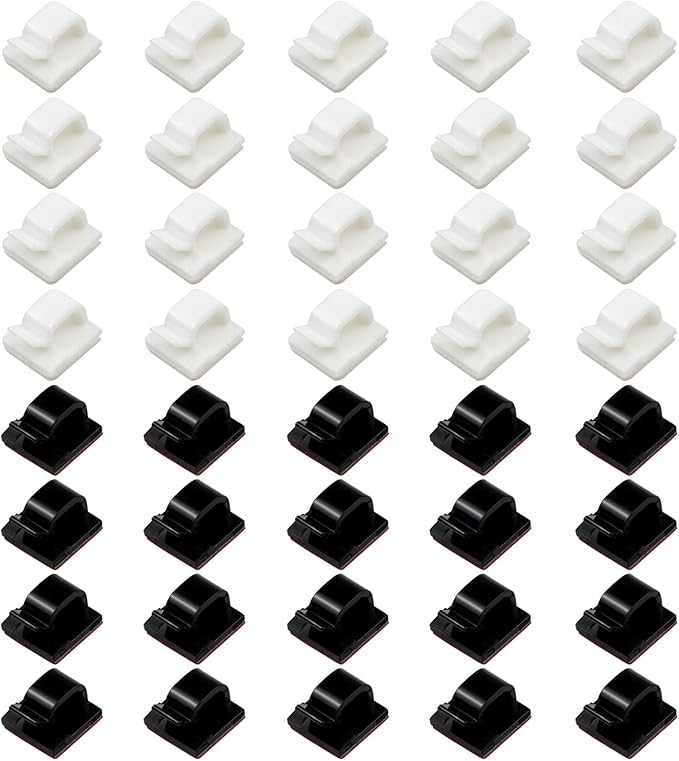 40-Pack Cable Clips with Strong Adhesive – Black & White Cord Holders for Wire Management in Home, Office, and Car