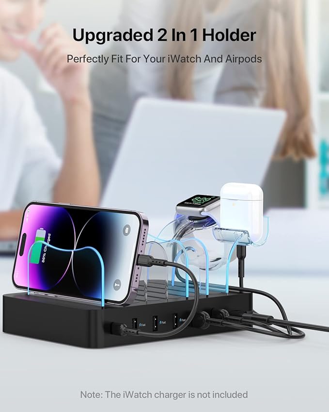 SooPii 6-Port PD Charging Station for Multiple Devices, 20W PD USB C Fast Charging for lPhone 14/13/12,6 Short Cables Included, 2 in 1 Holder,for Phones,Tablets and Others,Black