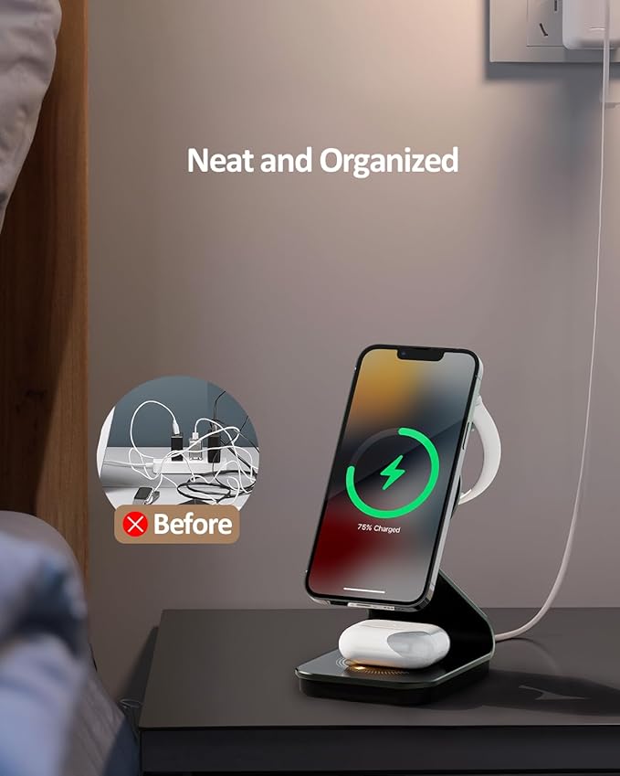 Wireless Cell Phone Charger Station 3 in 1, Magnetic Wireless Fast Phone Charger Dock Stand for iPhone 16/15/14/13/12/Apple Watch/AirPods Pro, 15W USB-C iPhone Wireless Charger, Black