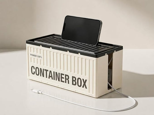 Cable Management Box for Power Strips, Large Cord Organizer | Large power strip storage, side & top cable access, ventilation openings, 10.4" phone & tablet slot