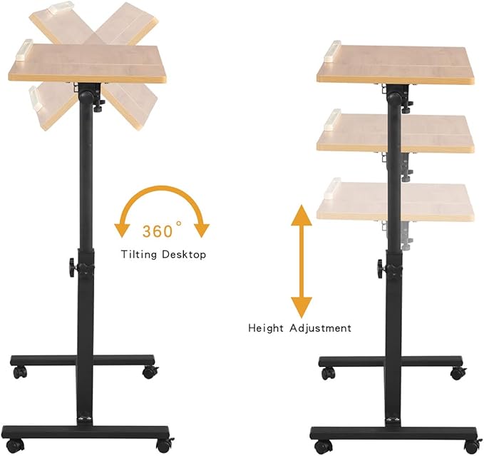 TigerDad Overbed Bedside Desk Mobile Rolling Laptop Stand Tilting Overbed Table with Wheels Height Adjustable Tray Table for Laptop Bed Sofa Side Table (Wood)