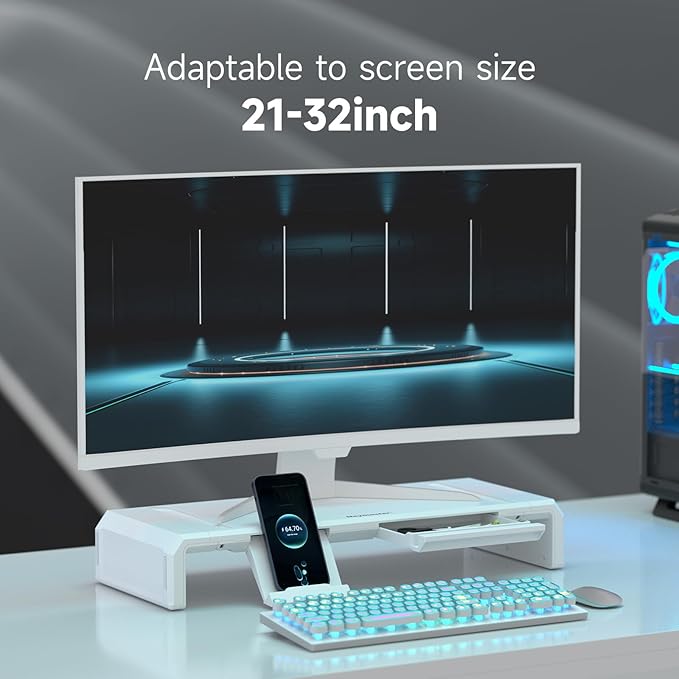 Heymaster Monitor Stand Riser, Foldable Computer Monitor Riser, Adjustable Length Computer Stand, Desk Shelf Riser with Storage Drawer &Tablet Phone Stand for Desktop, Laptop