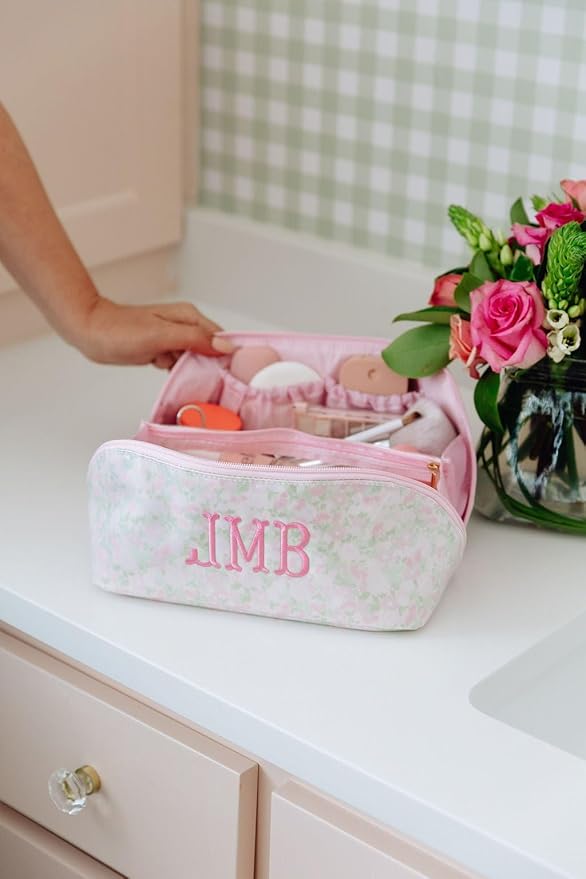 Personalized Flat Lay Makeup Bag - Clear-Coated Embroidered Cosmetic Organizer, Monogrammed Wide-Open Travel Pouch with Easy-Access Interior, Handmade Gift for Women (Dahlia)