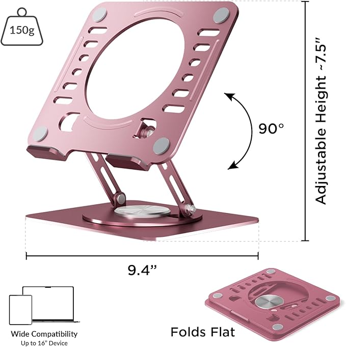 Uncaged Ergonomics Swivel Laptop Stand for Desk, Adjustable Computer iPad Stand for Desk w/ 360 Rotation, Portable Laptop Holder for Home Office Ergonomic Supplies (Rose Gold)