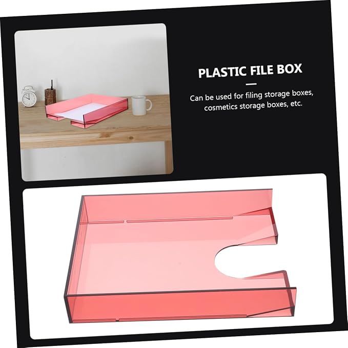 Stackable A4 Plastic Paper Storage Box, Lightweight Document Organizer with Wine Red Lid, Office File Holder for Desktop and Office Supplies