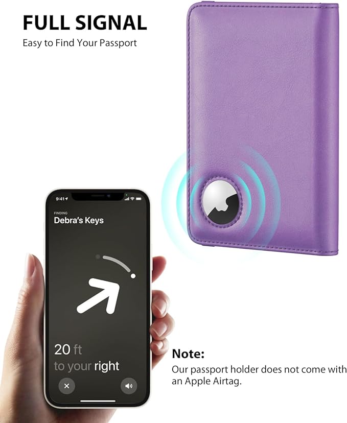 Stouchi AirTag Passport Holder, Anti-Lost Passport Holder with Airtag Slot, Passport Wallet Cover with RFID Blocking, Leather Passport Case Travel Accessories for Women, Purple
