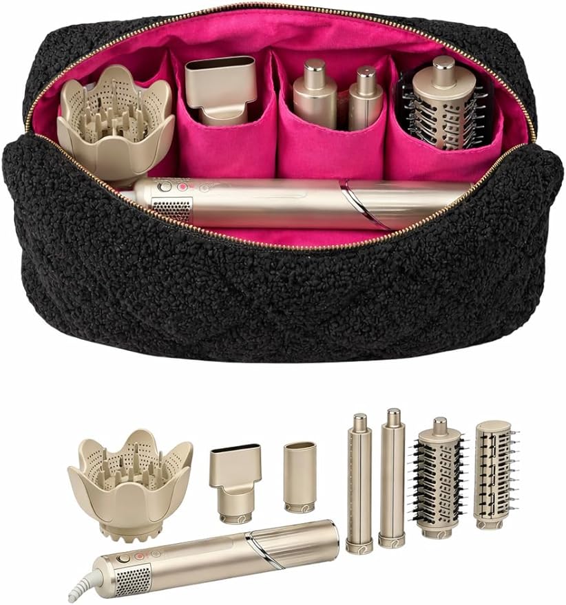 Plush Sherpa Hair Tool & Makeup Travel Bag for Skincare & Beauty Accessories (Black)